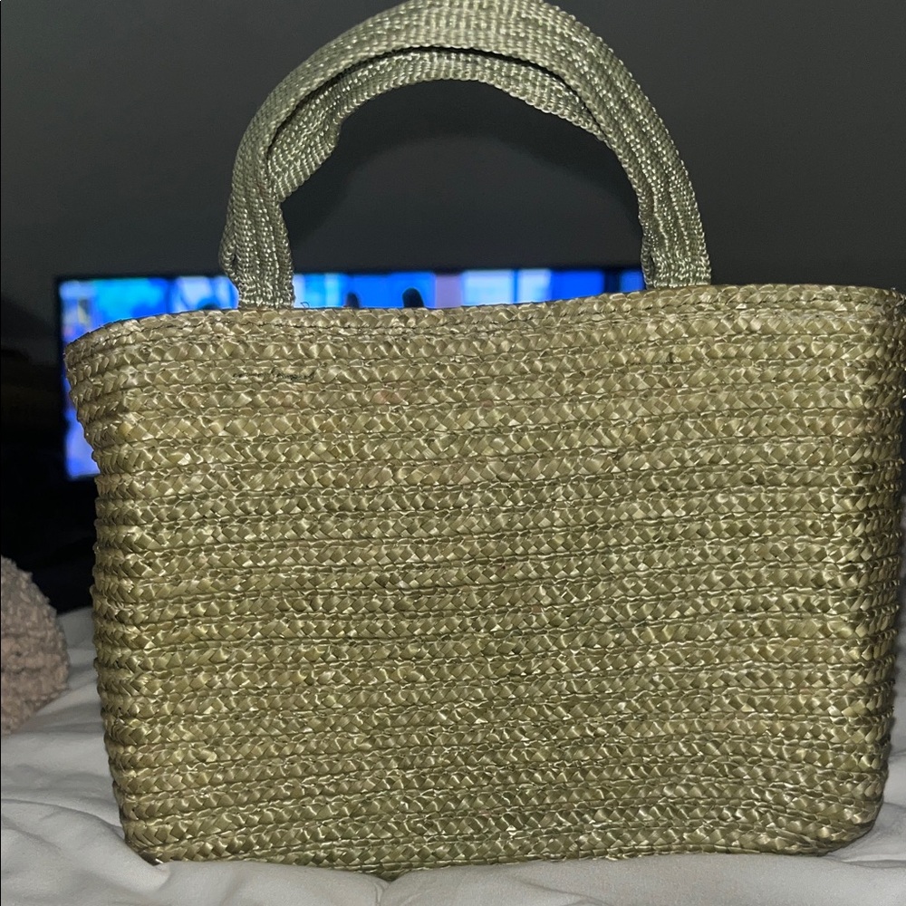 Green Woven Tote Bag with Pink Accents